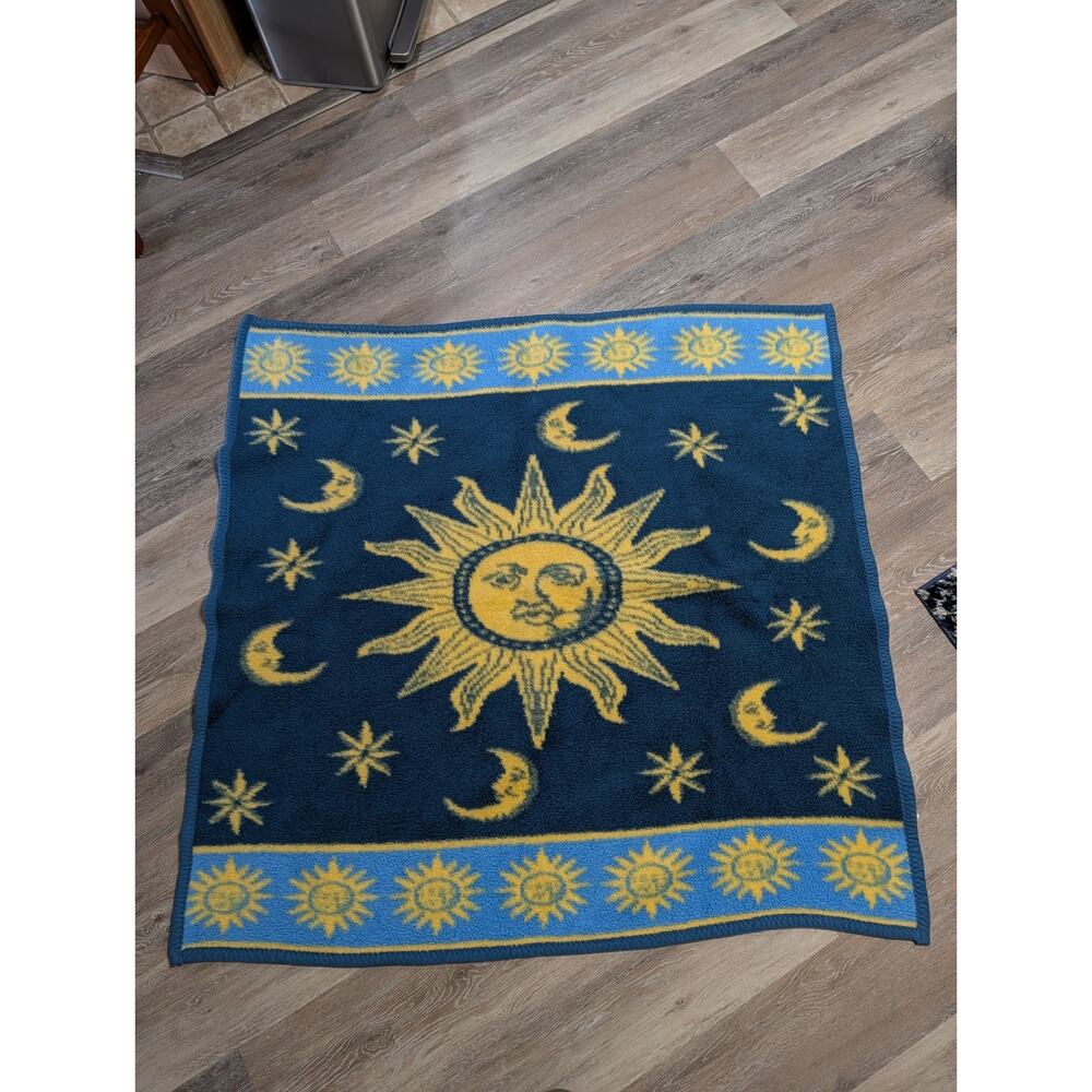 Vintage Celestial Sun Moon Stars Mink Blanket Reversible Blue Gold Whimsigoth 90